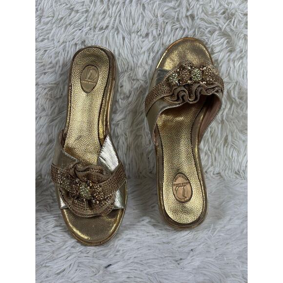 Louis David Shoes Womens Size 40 Gold Wedge Platform Slide Sandals Made in Italy - Picture 1 of 8